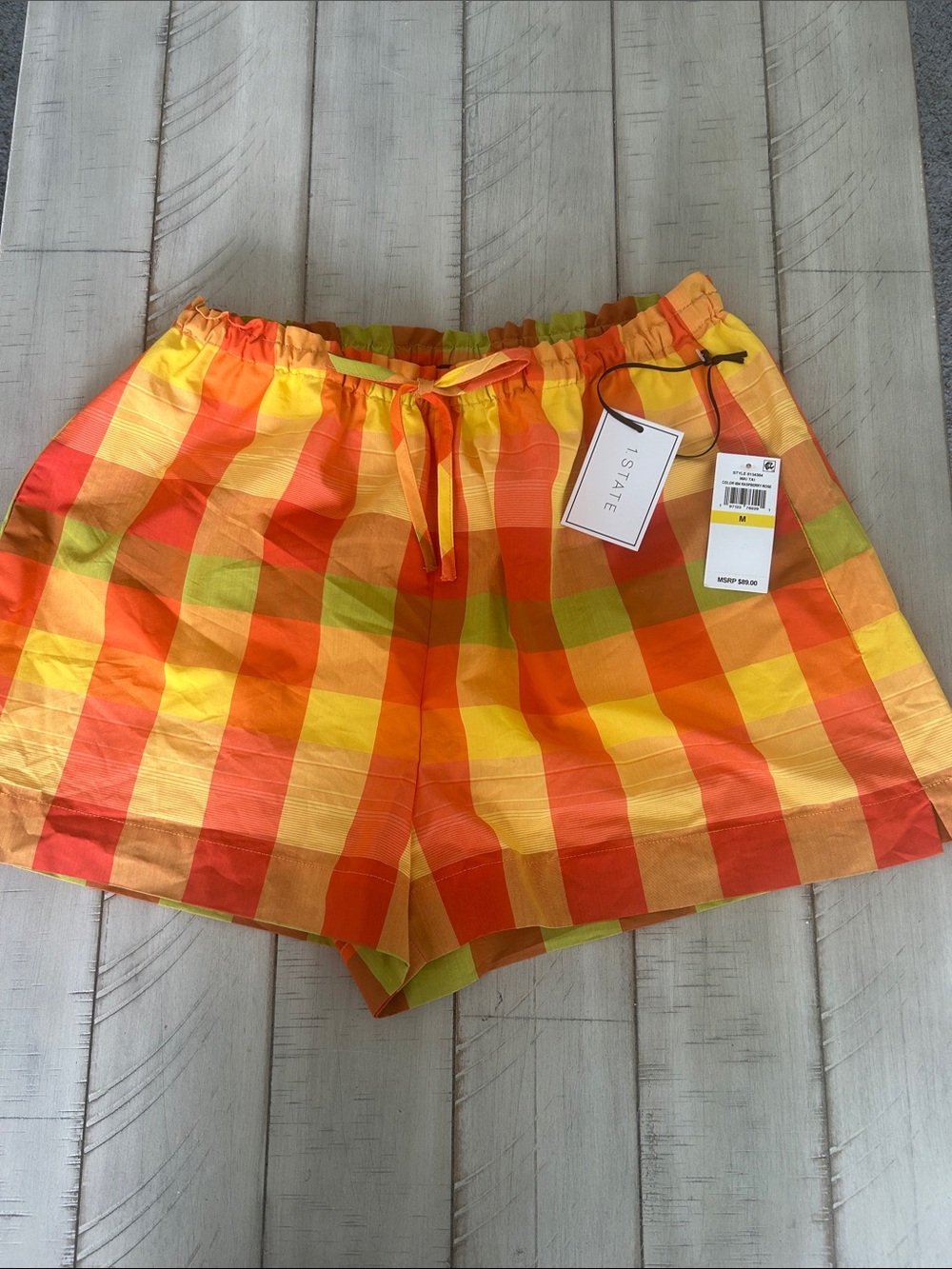 1. State Orange, Yellow & Green Plaid Drawstring Shorts